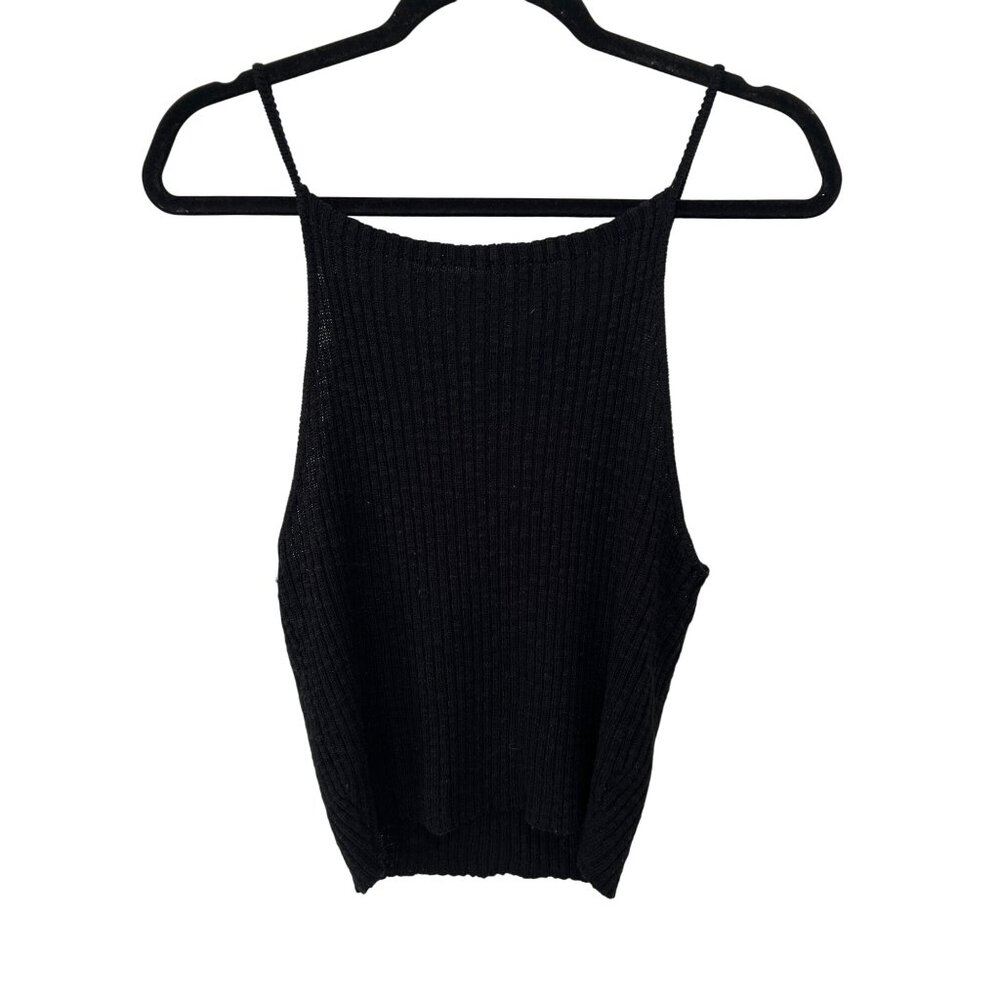 Active USA Halter Crop Top Size Large Black Ribbed Knit Tank Summer Spaghetti
